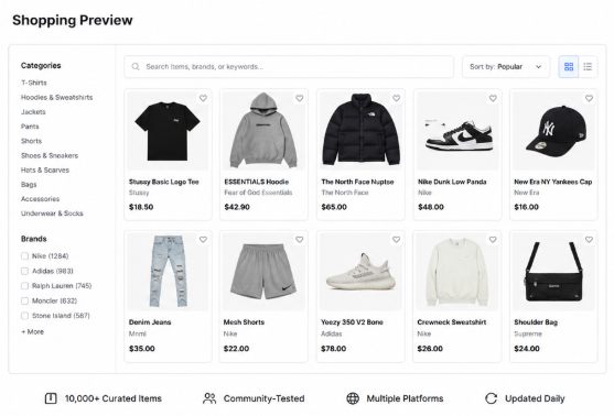 Superbuy shopping preview showing product categories and item options